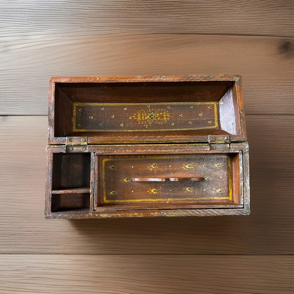 Vintage Wooden Box‎ Ornate Hand Painted Indian Design Jewelry Trinket Storage